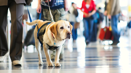 Service dog wearing a harness and leading its handler through an airport terminal illustrating travel accessibility for people with disabilities.