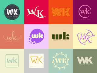 WK logo company template. Letter w and k logotype. Set different classic serif lettering and modern bold text with design elements. Initial font typography.