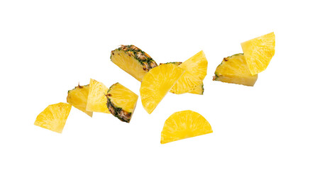 Naklejka premium Pineapple Cuts Isolated, Raw Ananas Pieces, Comosus Tropical Fruit Chunks, Ripe Pine Apple Slices on White