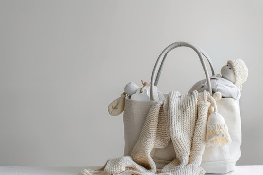 Mother bag with baby stuff, soft bag with children warm clothes and knitted toys on light background