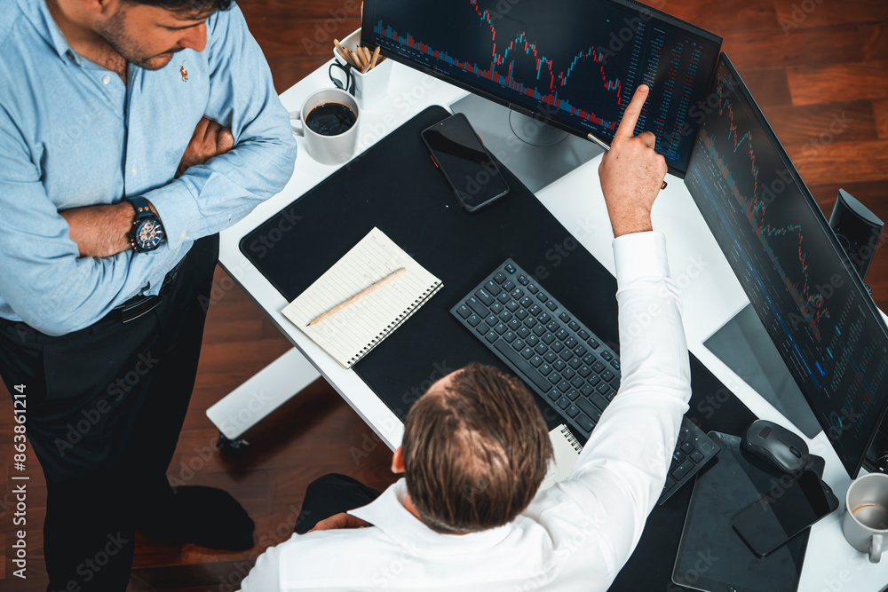 Poster business professional brokers discussing stock market on pc screen in real time, analyzing dynamic e
