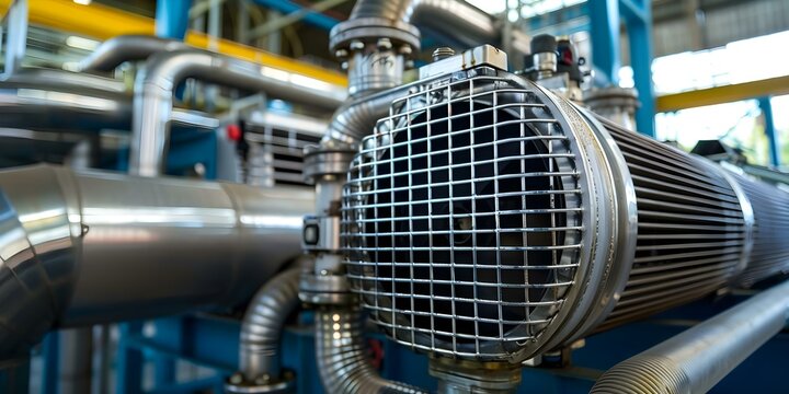 Industrial heat exchanger in operation at a petrochemical plant. Concept Industrial Equipment, Petrochemical Plant, Heat Exchanger Operation, Chemical Industry, Manufacturing Process