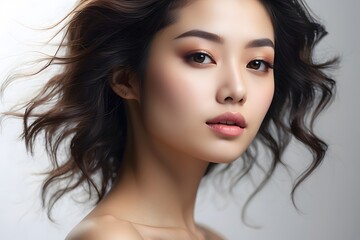 Naklejka premium Beautiful asian woman model, facial or hair care cosmetics, healthy, skincare and cosmetics, cosmetology, 