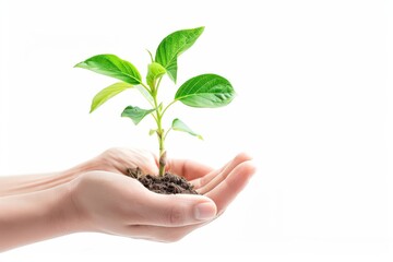 Hands holding young green plant isolated, young sprout in earth pile closeup, ecology, environmental protection