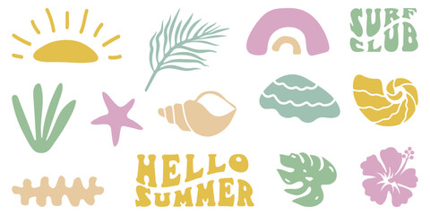 Retro Groovy Surf Club in trendy Boho style. Naive Geometric Summer Palm Tree. Simple background of sun sea. Retro Summer Beach Hand Drawn isolated illustration. Vintage Surf Club. Vector illustration