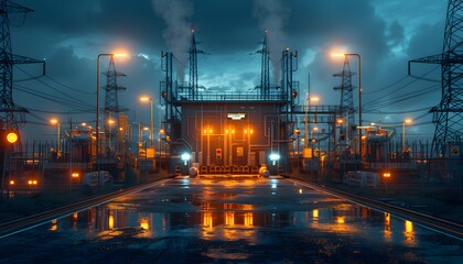 Fototapeta premium A power plant at night, with the lights reflecting off of the wet ground.