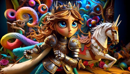 Fototapeta premium Ilustración 3D, Princesa valiente, princesa, guerrera, cuento de hadas, reino mágico, Valentía, castillo, medieval para niños, fantasía storybook, arte, decoraciones, variopinto