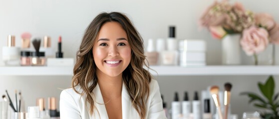 Brand ambassador headshot, surrounded by signature makeup picks, professional beauty shot