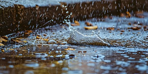 Closeup of rainwater splashing in street gutter wetting nearby surfaces. Concept Rainy Day closeup, Street Gutter Splash, Wet Surfaces, Water Droplets, Environmental Reflections