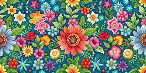 Floral seamless pattern with colorful flowers and leaves, floral, seamless, pattern, flowers, leaves, botanical