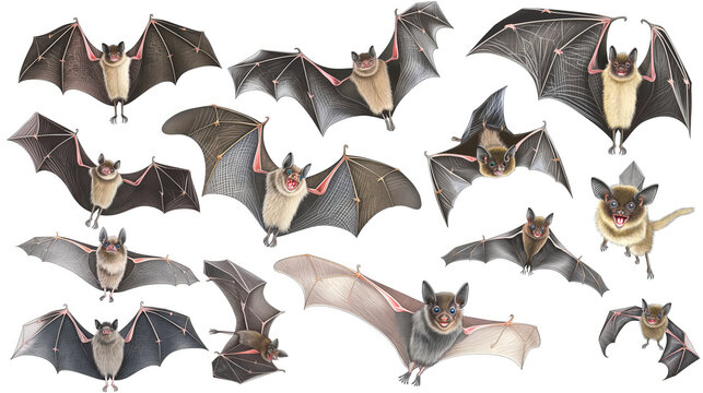 An illustration depicting various species of bats with labels and descriptions for educational purposes.