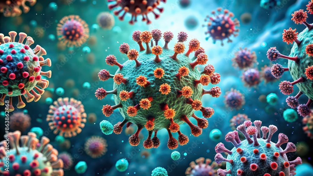 Poster Close up of a virus invading human cells, virus, infection, biology, microscopic, illness, pathogen, health