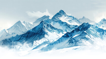 Obraz premium Blue watercolor painting of snow capped mountain range.