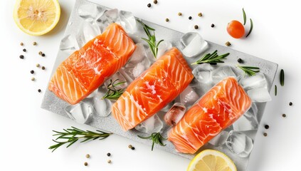 fresh salmon fillets on ice with lemon on white background