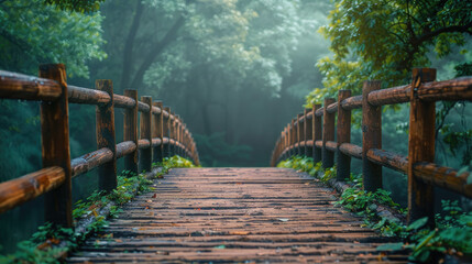 Fototapeta premium The photo shows a wooden bridge in a forest. The bridge is surrounded by trees and plants. The light is shining through the trees. The photo is taken from a low angle.
