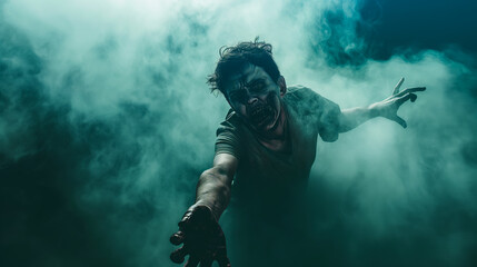Fototapeta premium A person in zombie makeup staggering forward with arms extended, against a dark foggy background.