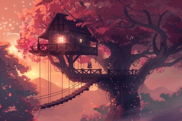 Obraz premium A treehouse with a rope bridge connecting to another tree, cozy vibe, Generative AI 