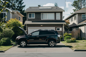 Side view of an SUV with its hood open, parked in a suburban driveway. The setting includes a well-maintained front yard and the exterior of a modern house, capturing a typical sce