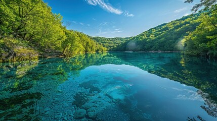 An early morning view where soft sunlight filters through a canopy of dense green trees, illuminating a narrow stream that flows gently through the forest. 