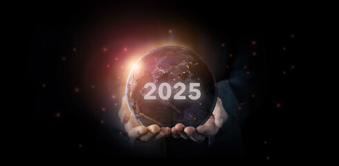 Digital transformation trend in 2025.  Technology trend, business transformation. Preparation for future disruptions. Hand holding the modern and digital globe with 2025 new year on modern background.