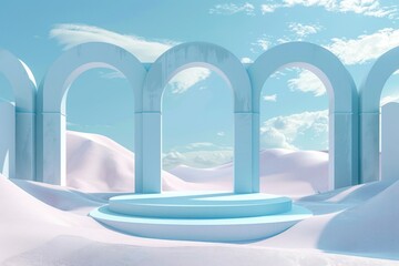 Fototapeta premium A serene winter scene with a stage in the middle of a snow-covered landscape