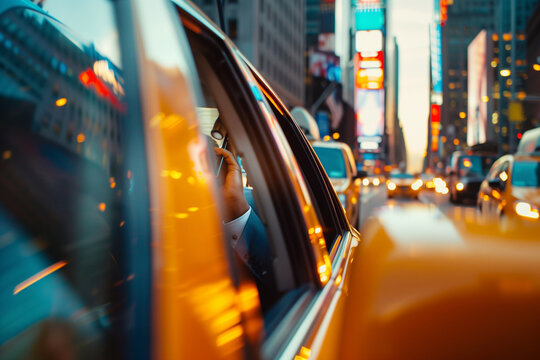 Fototapeta A businessman in a sharp suit is seen through the window of a yellow taxi, engaged in a phone conversation. The New York City skyline is visible in the background, illuminated by t