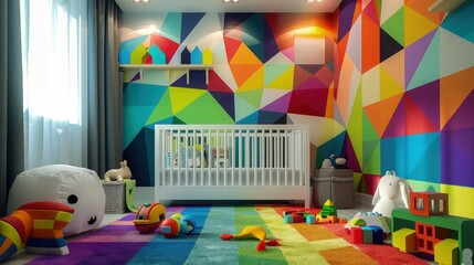 A kids' room with a vibrant geometric patterned wall featuring bright colors and playful shapes. A...