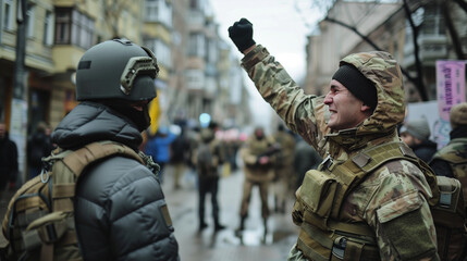 A Ukrainian military man with a raised fist expresses emotions on the street. Another soldier stands nearby, dressed in winter gear and helmet. Other soldiers and civilians are visible around them