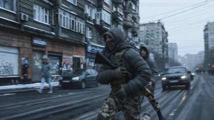 Fototapeta premium A soldier in protective gear runs down a city street, holding a weapon. In the background, a few civilians and cars can be seen