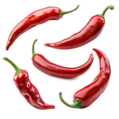 Set of red chili peppers isolated on white and transparent background