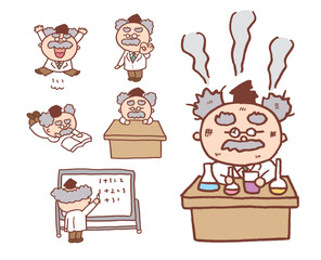 茶色の線画の丸っこくてかわいい髭の博士