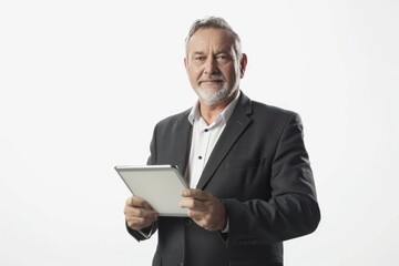 A businessman holds a tablet computer, ready to stay connected and productive