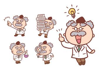 茶色の線画の丸っこくてかわいい髭の博士