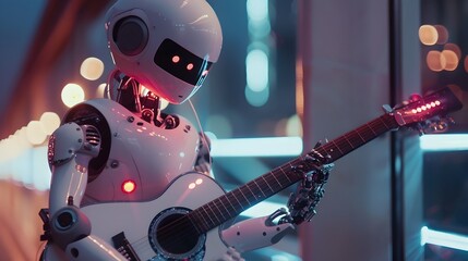 Naklejka premium AI Powered Robot Musician Curates Futuristic Digital Playlists for Immersive Entertainment