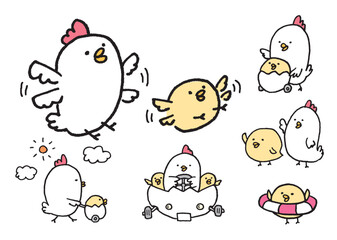 線画の丸っこくてかわいいにわとりの親子