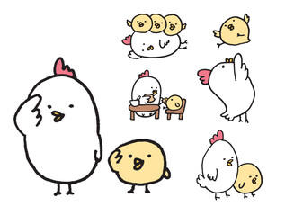 線画の丸っこくてかわいいにわとりの親子