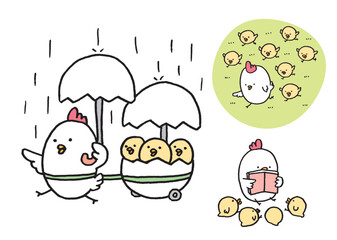 線画の丸っこくてかわいいにわとりの親子