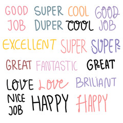 Collection of hand drawn speech bubbles. great, good job, love, motivation word