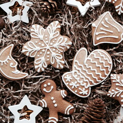 Cute Christmas Gingerbread and Lights Stars. Top View