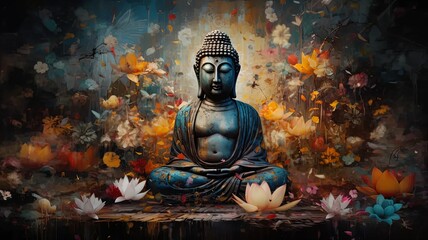 abstract, beautiful Magical, Mystical image of a buddha, painted metal, weathered, flowers, birds, beautiful auro of peaceful energy all around , generated by AI. High quality photo