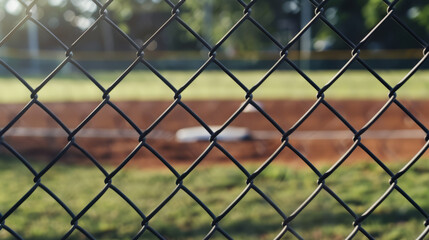 Fototapeta premium Fence on a baseball field on a sunny day for background. Background for sports baseball design.