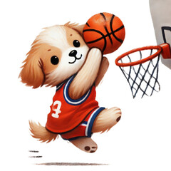 Adorable cartoon puppy wearing a red basketball uniform, jumping to shoot a basketball with a joyful expression

