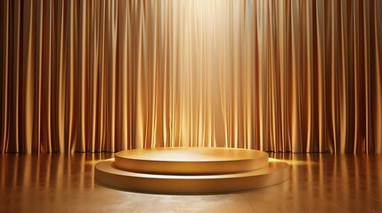 Golden stage with spotlights and curtains, perfect for product display or award ceremony.