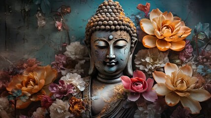 abstract, beautiful Magical, Mystical image of a buddha, painted metal, weathered, flowers, birds, beautiful auro of peaceful energy all around , generated by AI
