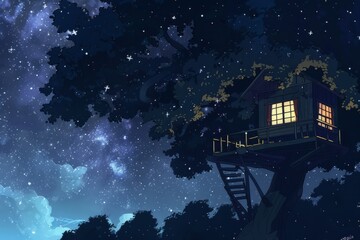 Fototapeta premium A treehouse with large windows overlooking a starry sky, cozy vibe, Generative AI