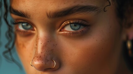 Fototapeta premium Close-up portrait of a woman with piercing blue eyes and freckles.