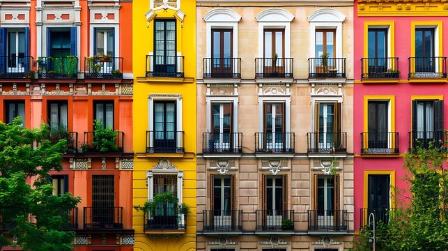 Colorful apartment buildings with balconies and windows in a European city.