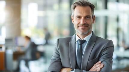 Fototapeta premium Confident businessman with arms crossed, standing in a modern office. He is looking directly at the camera with a slight smile.