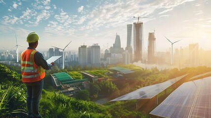Construction worker overlooking a modern city with wind turbines and solar panels.