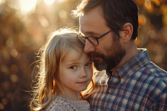 Father in glasses with his little daughter in the summer field. Fine shot for Son and Daughter Day on 1 August. Happy Father's Day